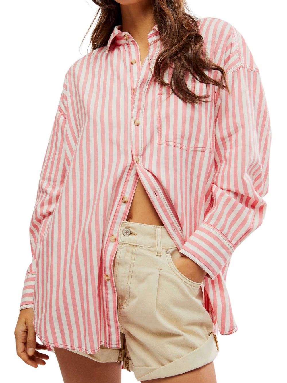 Free People 100% COTTON Pink & White Stripe Relaxed Button-Up Sleep Shirt